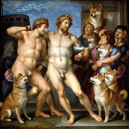 the creation of adam by michelangelo but the people are replaced with shiba - inu dogs, renaissance painting