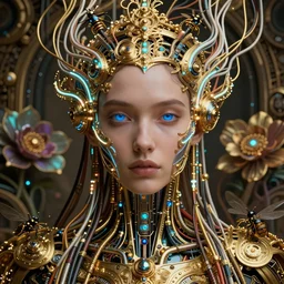 very beautiful woman integrating with technology, full face frontal centered, portrait, insipiring, detailed intricate ornate neon pulsating cables connected to head, robotic eyes, luxurious detailed abundent wiring and implants, gold, renaissance, sci - fi, detailed technology background with cyber flowers and insects, dramatic lighting, photography, highly detailed, artstation, 8 k,