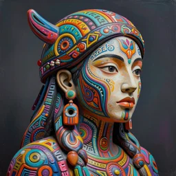 a sculpture of mythical totem, made of colorful style graffiti, intricate line work, beautiful woman's face with face tattoo, in the style of james jean, visionary artist, shamanic art, concept art, award winning acrylic painting, ambient occlusion, digital art,
