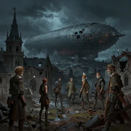 victorian city in ruins at night, crashed airship in the background in the style of marcin rubinkowski, greg rutkowski, lorenzo lanfranconi, oleg zherebin, trending on artstation