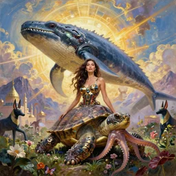 fantasy portrait, great leviathan, cybernetic turtle cephalopod terrapin reptilian pachyderm squid, bella hadid, hybrid, milla jovovich, anubis, epic islamic city, natural light, lush plants flowers, spectacular mountains, bright clouds, luminous sky, outer worlds, golden hour, michael cheval, edward hopper, michael whelan, oil painting, hd