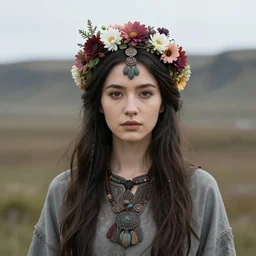 beautiful female character inspired by iceland and floral headdress pagan wiccan viking | | digital artwork made by greg rutswork, anna dittmann and lois van barlee, symmetrical rim light, anatomically correct