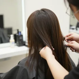 woman with long hair getting haircut