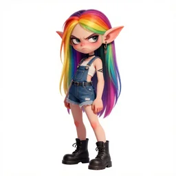 a attractive goblin woman with rainbow hair, drunk, angry, soft eyes and narrow chin, dainty figure, long hair straight down, torn overalls, short shorts, combat boots, basic white background, side boob, symmetrical, single person, style of by Jordan Grimmer and greg rutkowski, crisp lines and color,