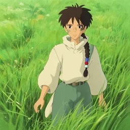 grass, attractive male, in the style of studio ghibli, j. c. leyendecker, greg rutkowski, artem