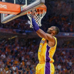 artistic expressionist painting, brush strokes, lakers basketball player kobi, kobi bryant scoring a hoop on the basketball court, intricate detail, award - winning, masterpiece, focus on kobi