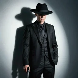character of a man in black suit and black hat, he has a pistol, dark colours style, 4 k, highly detailed, digital art, strong shadows, high contrast, epic scene, atmospheric, cold colours