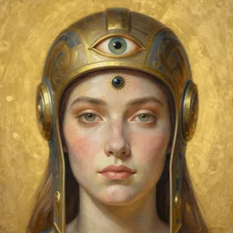 breathtaking soft painting of cyclope with a third eye in her forehead with an intricate retrofuturistic helmet in a golden sky, realistic symmetrical face features, rembrandt style, elegant, highly detailed, artstation, concept art, matte, sharp focus, art by tom bagshaw, and greg rutkowski