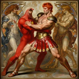 elegant full body renaissance painting of bodybuilder roman soldier fighting a superhero, red leather roman soldier skirt with white tips, gold shoulder armor piece, piercing bright red eyes, fantasy, intricate, short red hair, highly detailed, digital painting, crossfit, tight red superhero costume, smooth, sharp focus, illustration, matte, dramatic, dynamic pose, art by artgerm and greg rutkowski and alphonse mucha and simon bisley!!!