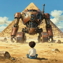 backview still of a kid looking to a steampunk monumental!!!!! giant!!!!! rusty robot - tractor sit the ground, sun light, finely detailed features, the size of a pyramid, cinematic shot, desert, gapmoe yandere grimdark, trending on pixiv fanbox, painted by greg rutkowski makoto shinkai takashi takeuchi studio ghibli, akihiko yoshida, artstation