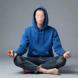thin blue man with no face in a hoodie sitting lotus style holding a rainbow cube in his outstretched hand