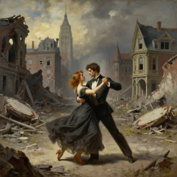 concept art of one couple dancing in the middle of ruins of a victorian city by j. c. leyendecker, wlop, ruins, dramatic, octane render, epic painting, extremely detailed