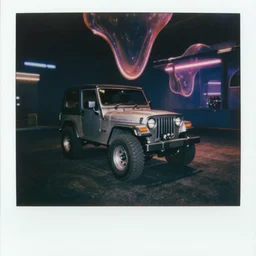 abstract grainy polaroid of an itasha 1997 Jeep surrounded by massive floating ferrofluid, neon night, octane render, photorealistic, dark, atmospheric, lights and shadows