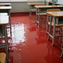 photo of a classroom, the floor is flooded with one meter deep red water. eerie