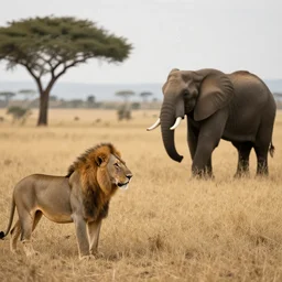 a lion faces an elephant in the middle of africa