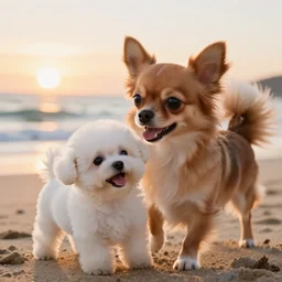 a photorealistic closeup image of a cute brown colored long haired chihuahua cocker spaniel dog playing with a happy white bichon frise puppy on the beach. sunset, surf, brightly lit scene. extreme detail. nice composition. 4 k hd unreal engine