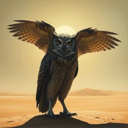 monstrously large owl blocking the sun with its huge wingspan, standing on sand in the desert, by jean paul gaultier, art by greg rutkowski by john william waterhouse, oil on canvas