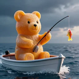 life - sized gummi bear going deep sea fishing in a convertible sportfisherman boat. he is fishing for swedish fish candy and using gummi worm candy as bait. photorealistic digital art, epic fantasy, dramatic lighting, cinematic, extremely high detail, cinematic lighting, trending, artstation, cgsociety, 3 d ue 5, 4 k, hq