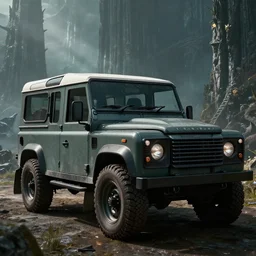 Land Rover Defender 110 (1985), an epic fantasy, dramatic lighting, cinematic, establishing shot, extremely high detail, photorealistic, cinematic lighting, artstation, by simon stalenhag, The Elder Scrolls V: Skyrim, High Hrothgar
