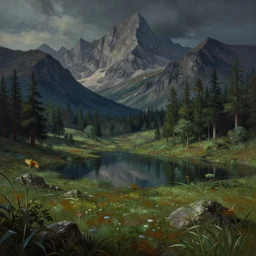 beautiful matte painting by lovecraftian style, fantasy path mountains and meadow in the background near a lake reflecting the trees, atmospheric lighting, painted, intricate, volumetric lighting, beautiful, rich deep colors masterpiece, sharp focus, ultra detailed by