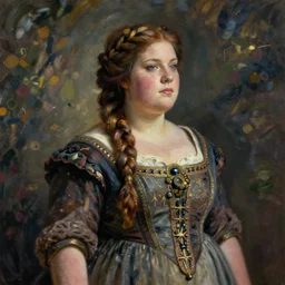 female dwarven noblewoman, chubby short stature, braided intricate hair, by claude monet