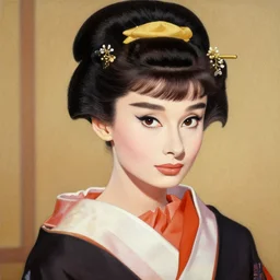 painting of audrey hepburn as maiko in ukiyo - e art by shimura tatsumi, 4 k, ultra detailed, photo realistic