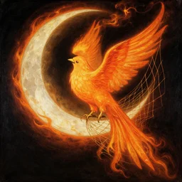 oh brilliant flaming moon bird, sing to me your doom song, whistle sweet summons for the great demise, and truly free us from the wrongful soul net of gaia. renaissance era painting.
