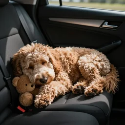 a photo of a goldendoodle sleeping on the backseat of a car with a teddy bear next to it