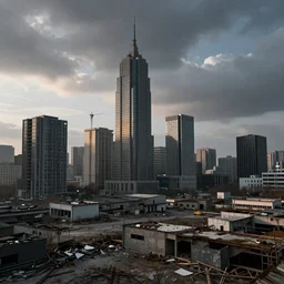 A decaying high-tech city, sparse signs of human activity. Day break. Dramatic sky. 4K.