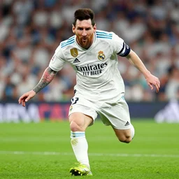 stunning photograph of leonel messi playing dramatically for fc real madrid, accurately detailed eyes and body structure football field, shallow depth of field, sharp focus, intricate details, 8 k octane render, cinematic, photojournalism, fifa cover, soccer