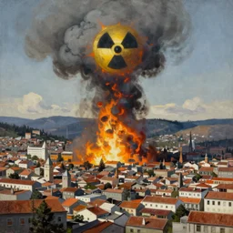 Nuclear Fallout towering over the town of Quito by Simon Stålenhag and J.M.W. Turner, oil on canvas; Art Direction by Adam Adamowicz; 4K, 8K epic drone shots; Ultra-Realistic Depth Shading