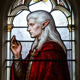 gothic stained glass window, detailed side - view portrait of a pale male elf, long white hair, pointy elf ears, red coat, masterful, backlit