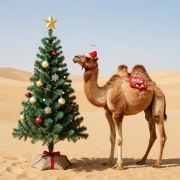 camel in a hat on a Christmas tree, in the paw of coca cola, in the desert