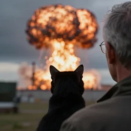 old man sitting with black cat watching nuke explosion close up shot from behind, cinematic movie close up shot from behind, background blur bokeh, world ending nuke, 4 k