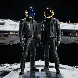 Daft Punk duo near each other standing above a spaceship in space, realistic, high quality