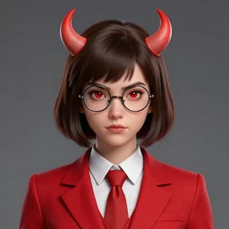 hearts of iron 4 leader portrait of a young girl with dark brown bob haircut, round reading glasses, red eyes, red suit and tie, strong eyebrows, light red horns, democratic, trending on artstation, highly detailed, character portrait, ylva ljungqvist, custom portraits, paradox interactive