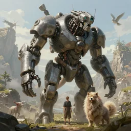 a concept art illustration, fantasy art, a man with a fluffy pet, mechanical megafauna, biomes, hyper realistic, photorealistic, art by wlop, trending on artstation, cgsociety, ultra sharp, digital painting