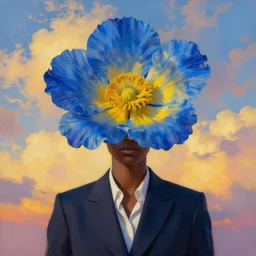 portrait, giant blue and yellow flower as a head, black woman in suit, surreal photography, golden hour, colorful clouds, impressionist painting, digital painting, artstation, simon stalenhag