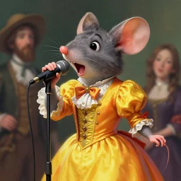 anthropomorphic art of anthropomorphic mouse singing in microphone, victorian bright clothing by artgerm, victo ngai, ryohji hase, artstation, highly detailed digital painting, smooth, global illumination, fantasy art by greg rutkowsky, karl spitzweg