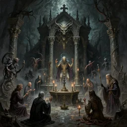 a lovecraftian painting of a demonic shrine, occult, moster summoning, warlocks ritual, cosmic horror elements, ultra realistic, concept art, intricate details, eerie, highly detailed, photorealistic, octane render, 8 k, unreal engine. art by artgerm and greg rutkowski and alphonse mucha