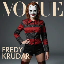 freddy krueger. studio photo feminine pose. vogue magazine cover with text. highly detailed