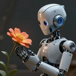 nekomimi robot looking at a flower, fluent composition, concept art, ambient light, 4 k, intricate details, highly professionally detailed, cgsociety, highly detailed -