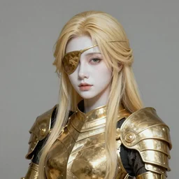 Portrait Painting of Alice Zuberg in SAO Alicization, long blonde hair, with golden armor and eyepatch, delicate, pale milky white porcelain skin, by Edmund Leighton. 8K. Extremely detailed.