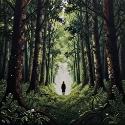 from a dark forest, a clearing, a figure against the light, embroidery image large