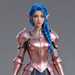 portrait of a regal elf with a loose blue braid wearing a rose gold breastplate, 3 d render by mandy jurgens, artgerm, and lu ji, centered, artsation contest winner, cgsociety, fantasy art, cryengine, concept art, photorealism, daz 3 d, sketchfab, zbrush, vray