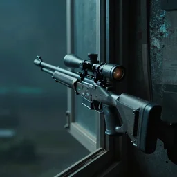 film still of closeup futuristic sniper rifle sticking out window, cinematic, moody, gritty neon noir by emmanuel lubezki