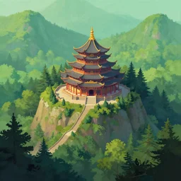 a mystic temple on a mountain surrounded by a forest, joyful matte painting by marc simonetti and christophe vacher, trending on artstation