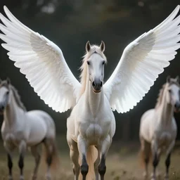 3 d render of an appaloosa horse is flapping its horse wings. the wings are luminescent white, very very smooth, very very large and unfurled. professional high quality, fantasy, photorealism, dof, bokeh, dramatic lighting