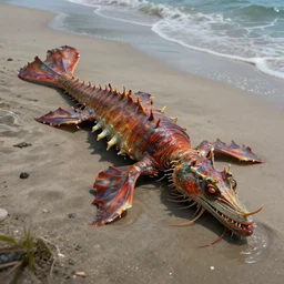 a dying beached sea dragon washing up on the shore of a beach by jaime jones, cgsociety, fantasy art, concept art, artstation hd, deviantart hd. highly detailed. dramatic light. masterpiece
