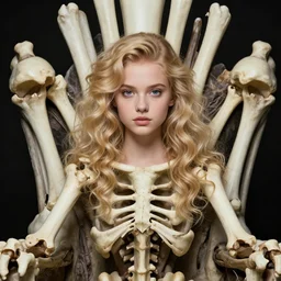 full frontal editorial photo of girl on bones throne, blonde, curly hair, clean big eyes, symmetrical beautiful face, clean skin, bones, skull jewelry, native aztec costume and accessories,, fashion editorial photography, hyperrealistic, from vogue magazine, ultra realistic, artgerm, reflections, gold, teal, orange